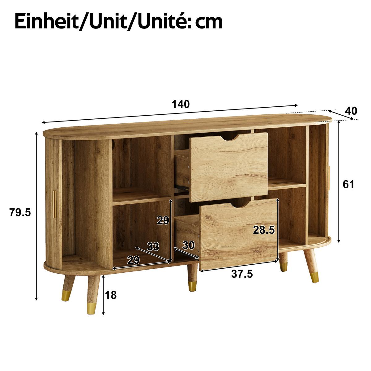 SIDEBOARD Naturholzoptik Abgerundet mit 2 Schiebetüren & 2 Schubladen - Naturfarben, Holzwerkstoff (140/79.5/40cm) - Urban Meuble