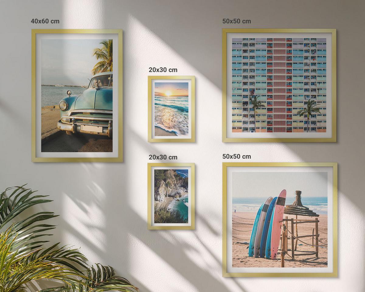 BILDER SET 5er Set - 50x50 cm & 20x30 cm & 40x60 cm Goldrahmen - Sonnenuntergang in Miami - Goldfarben, Kunststoff (40/60cm) - TULUP