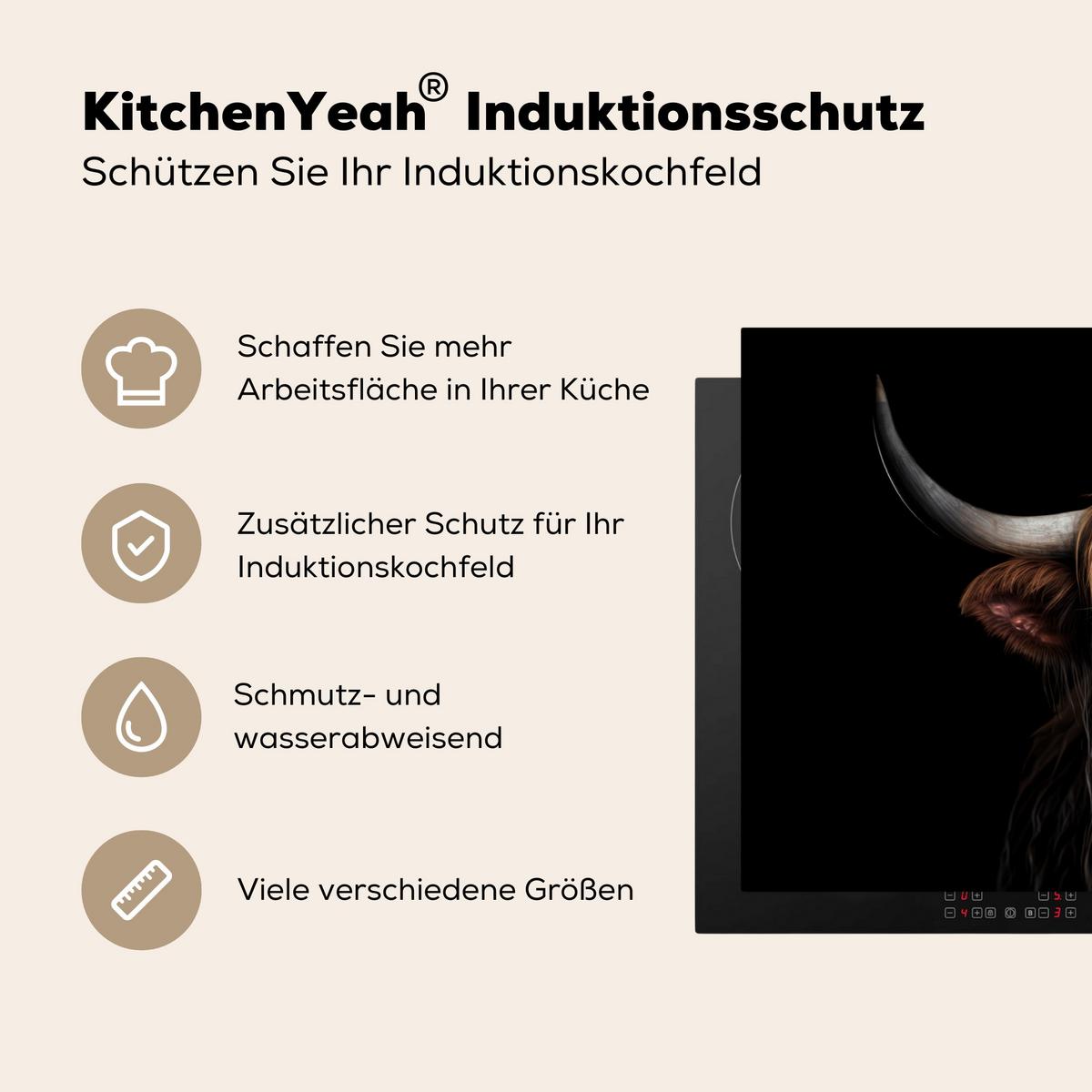 HERDABDECKPLATTE Schottischer Highlander - Porträt - Schwarz - Tier Induktionsschutz 89.6x51.6 cm - Braun, Kunststoff (89.6/51.6/0.2cm) - MuchoWow
