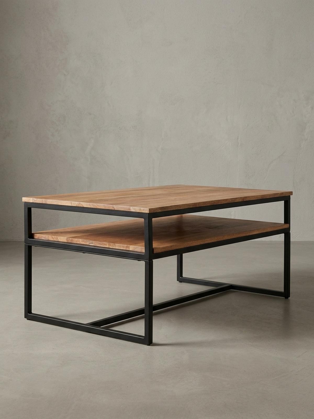 COUCHTISCH Industrial Vintage, Akazienholz und Eisen, 2 Ablagen, Belastbarkeit 15 kg - Beige/Schwarz, Holz/Metall (60/100/45cm) - KADIMA DESIGN