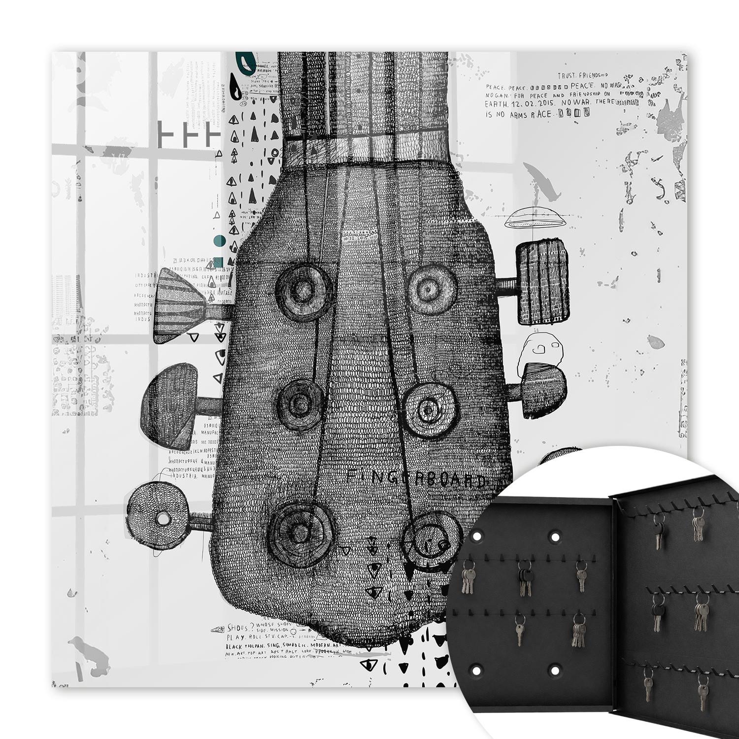 SCHLÜSSELBOX Schwarz 30x30 cm- Türöffnung nach rechts - Gitarrenillustration - Weiß, Metall (30/30/5cm) - TULUP