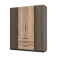 KLEIDERSCHRANK Nehir Korpus Schwarz, Front Eiche Evoke/Schwarz 200 cm - 4T3S Modern mit Schubladen und 2 Lamellentüren außen - Eichefarben/Schwarz, Holzwerkstoff/Kunststoff (200/239/61.9cm) - AX Living