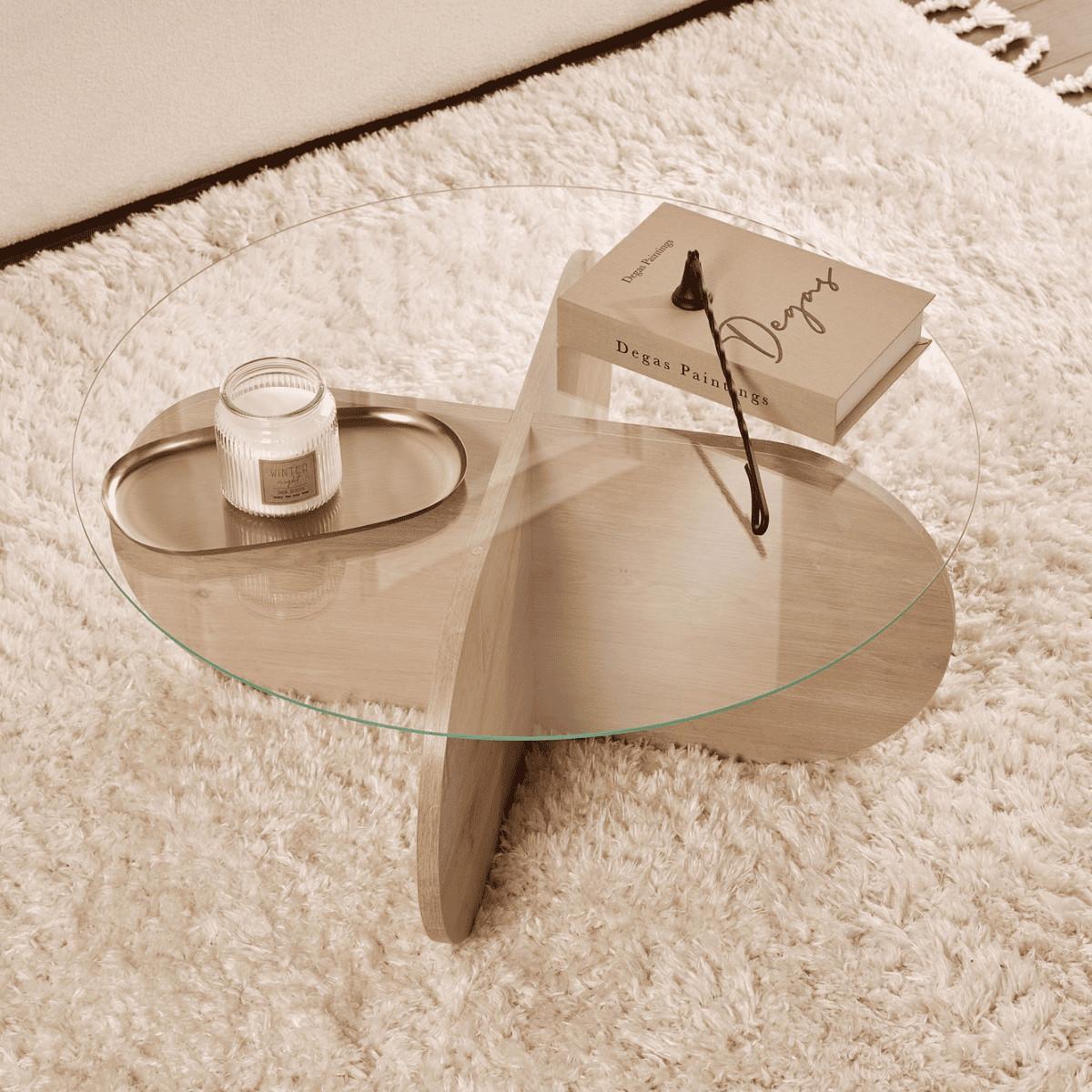 COUCHTISCH mit gekreuzten Beinen und gehärteter Glasplatte 75/75/35 cm - Eichefarben, Holzwerkstoff (5.5/75/35cm) - Calicosy