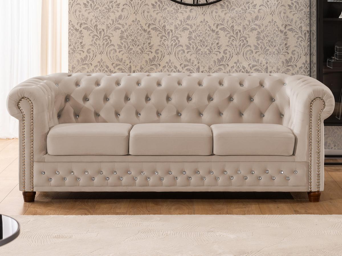 CHESTERFIELD-SOFA 3-sitzer Cleo Blink Beige Samt mit Kristallsteppung und braunen Massivholzfüßen - Beige/Braun, Holz/Textil (203/72/86cm) - S-Style Möbel