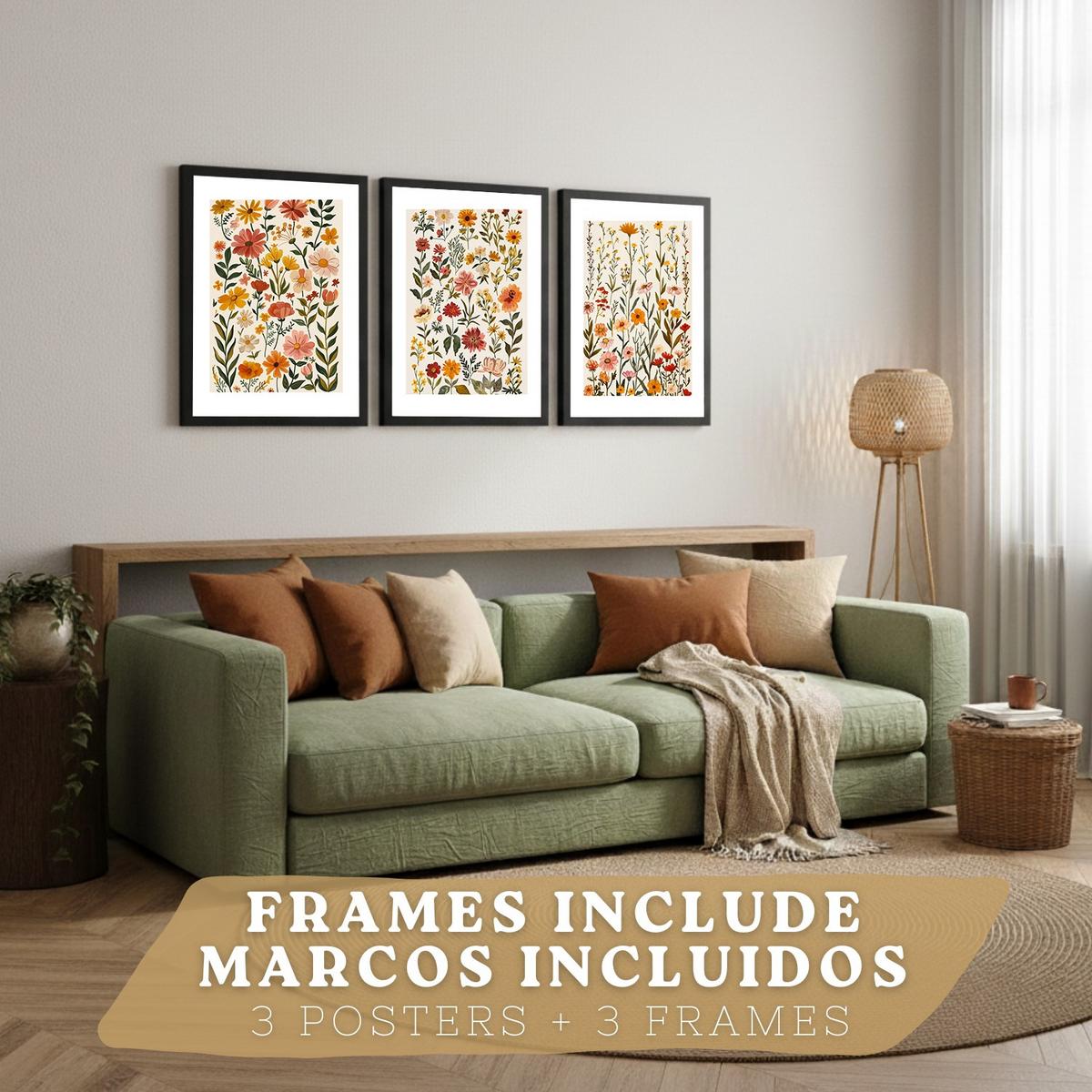 POSTER 3er-Set Wandbilder Wildblumen modern Wohnzimmer Deko, Schlafzimmer, Küche, Badezimmer Schwarzer Rahmen A3 - Schwarz, Papier (29.7/1/42cm) - Nacnic
