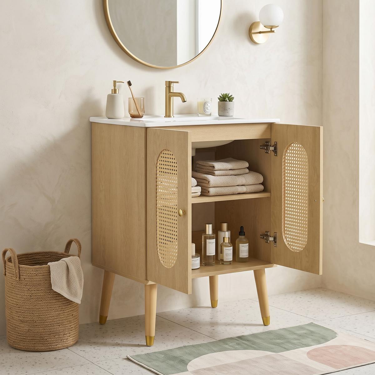 WASCHTISCHUNTERSCHRANK Holzoptik mit Rattan-Türen & Keramikbecken - Naturfarben, Holzwerkstoff (61/89/47cm) - Urban Meuble