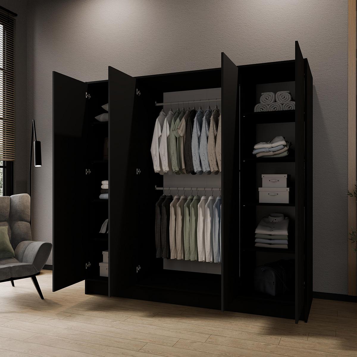 DREHTÜRENSCHRANK Gava mit vier, glatten Türen, Schwarz - Schwarz, Holzwerkstoff (200/200/51cm) - Beautysofa