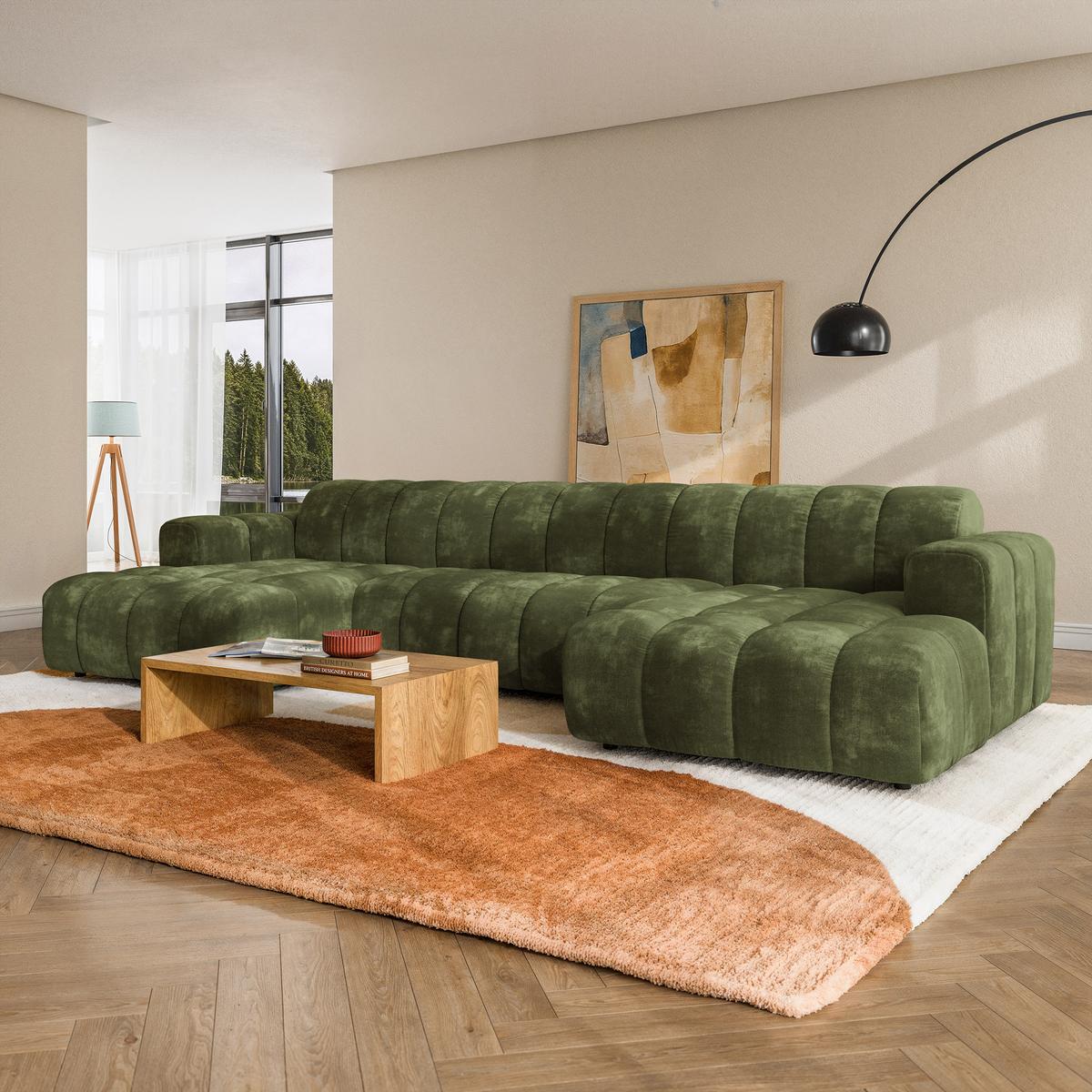 WOHNLANDSCHAFT AENIS Grün Chenille - Grün, Holz (398/85/165cm) - MASSENO