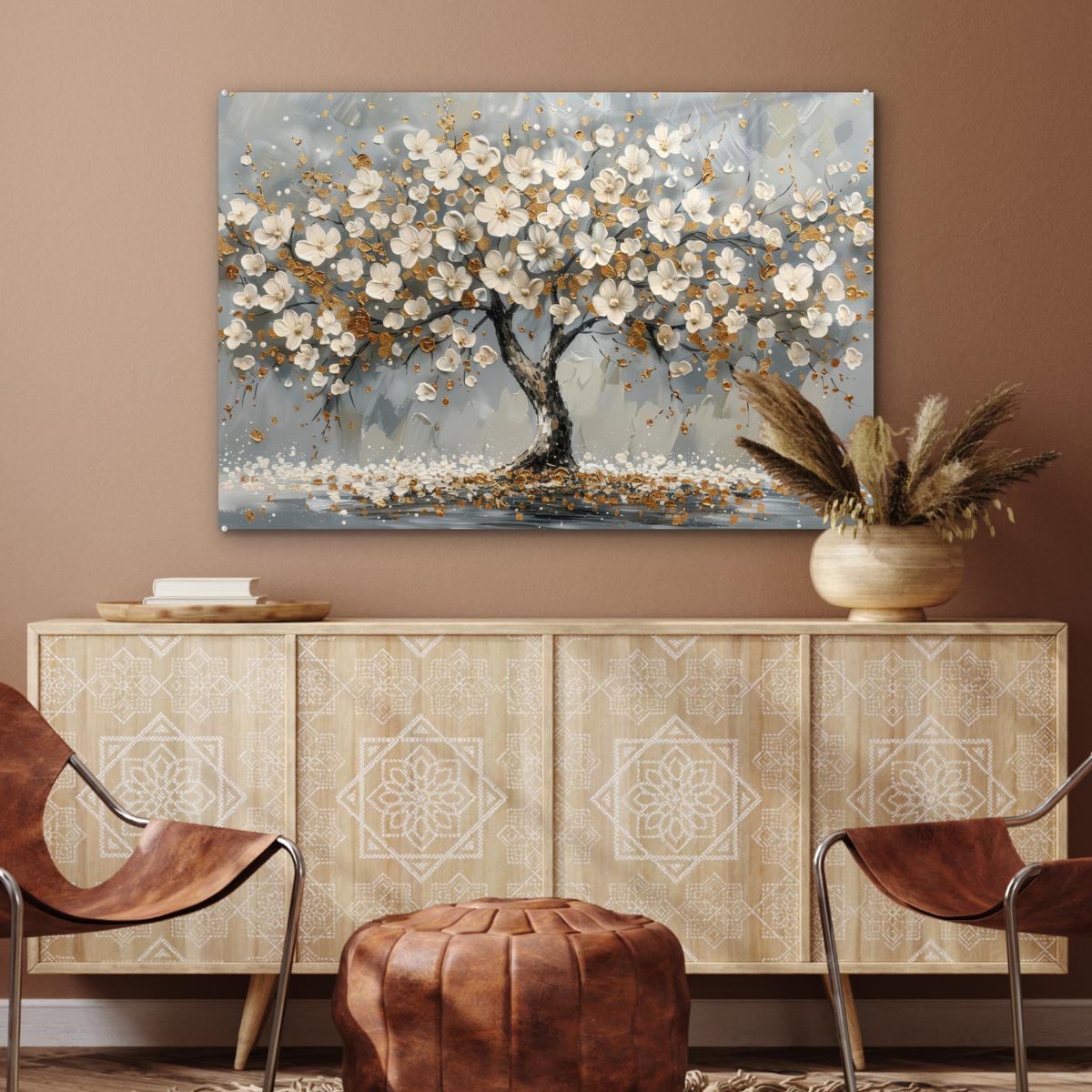 ACRYLGLASBILD Baum - Blumen - Weiß - Natur - Kunst Wandbild Schlafzimmer 120x80 cm - Weiß, Glas (120/80cm) - MuchoWow
