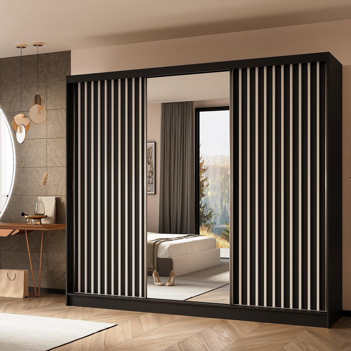 SCHWEBETÜRENSCHRANK LAMELLO 240/216/61 cm 3-türig mit Spiegel Schwarz - Schwarz, Holzwerkstoff (240/216/61cm) - MASSENO