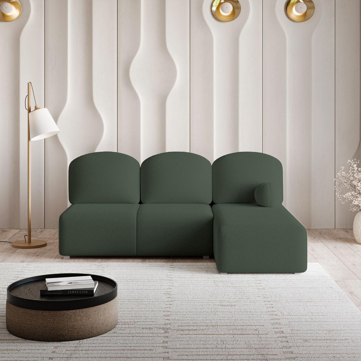 ECKSOFA TRAMA Grün Boucle-Stoff mit Schlaffunktion - Grün, Holz (200/143cm) - MASSENO