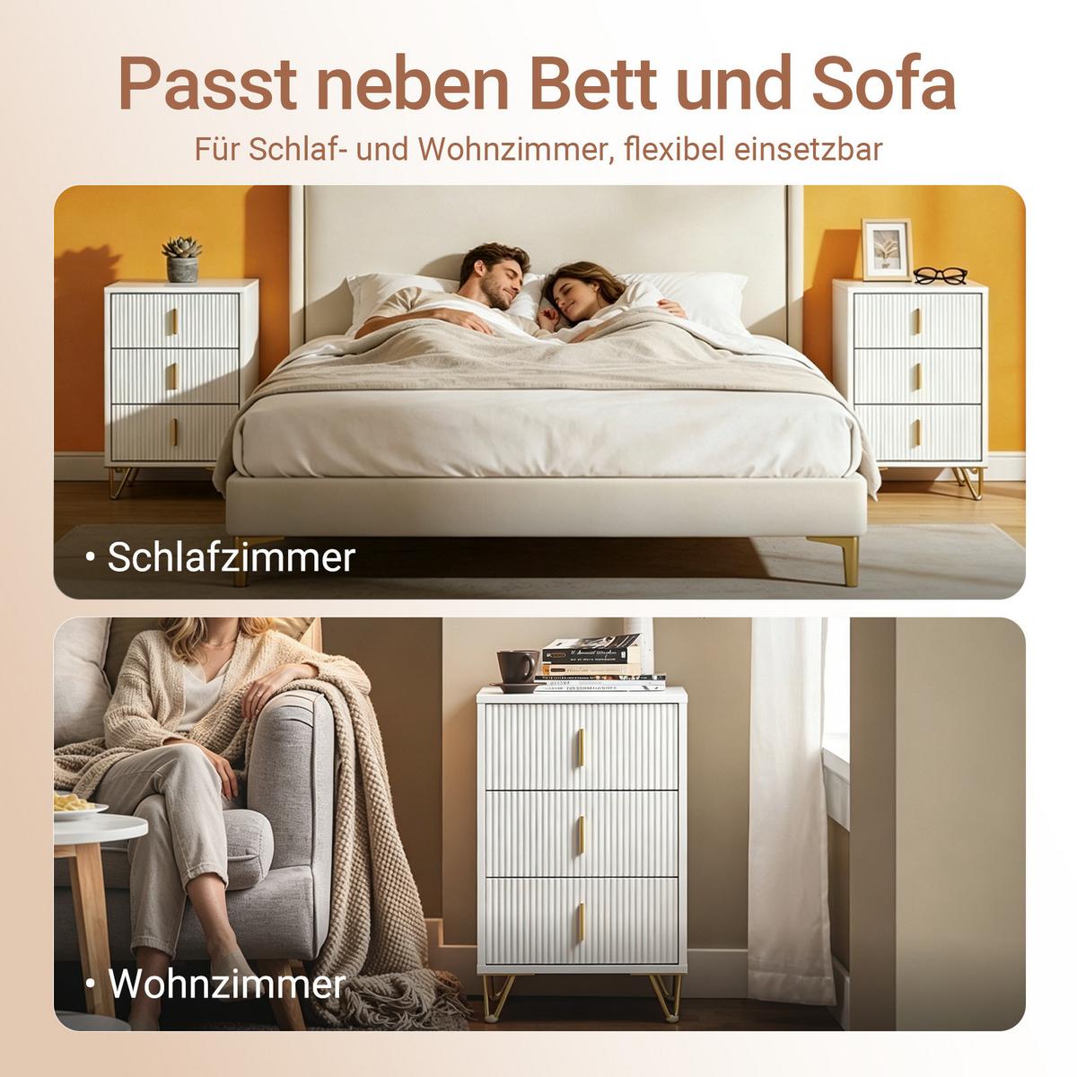 NACHTTISCH mit 3 schubladen, Weiß 40x40x63 cm, im skandinavischen Stil, auch als Beistelltisch - Weiß, Holzwerkstoff/Metall (40/63/40cm) - SoBuy