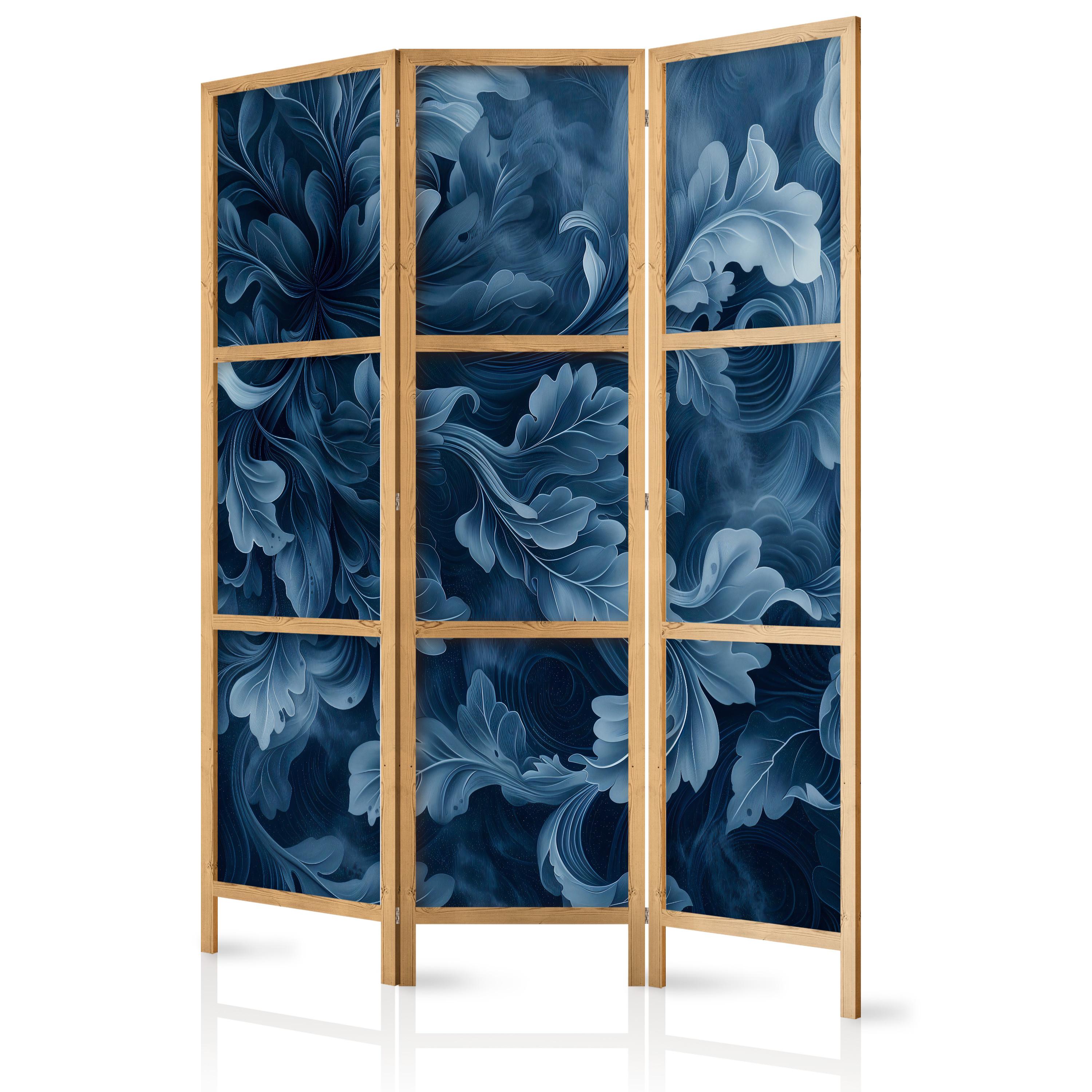 PARAVENT Japanischer 3-tlg 135x172 cm Bl tter Ornamente - Blau, Holz/Textil (135/172/3cm) - Muralo