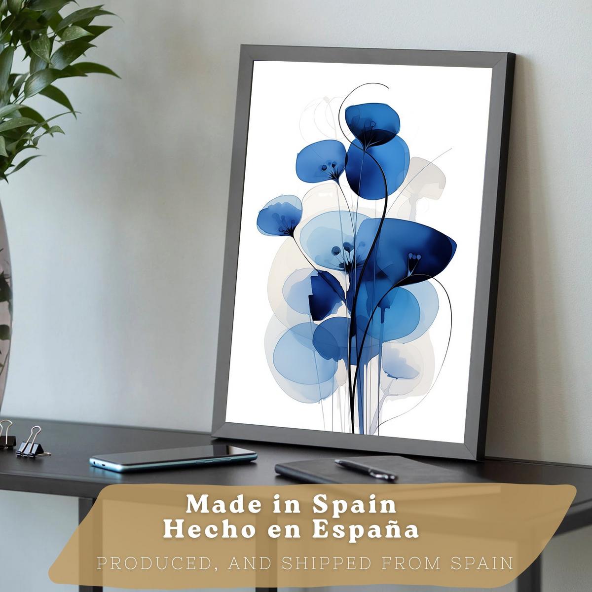 POSTER 3er-Set Wandbilder Blumen Blau modern Wohnzimmer Deko, Schlafzimmer, Küche, Badezimmer Schwarzer Rahmen A4 - Schwarz, Papier (29.7/1/21cm) - Nacnic