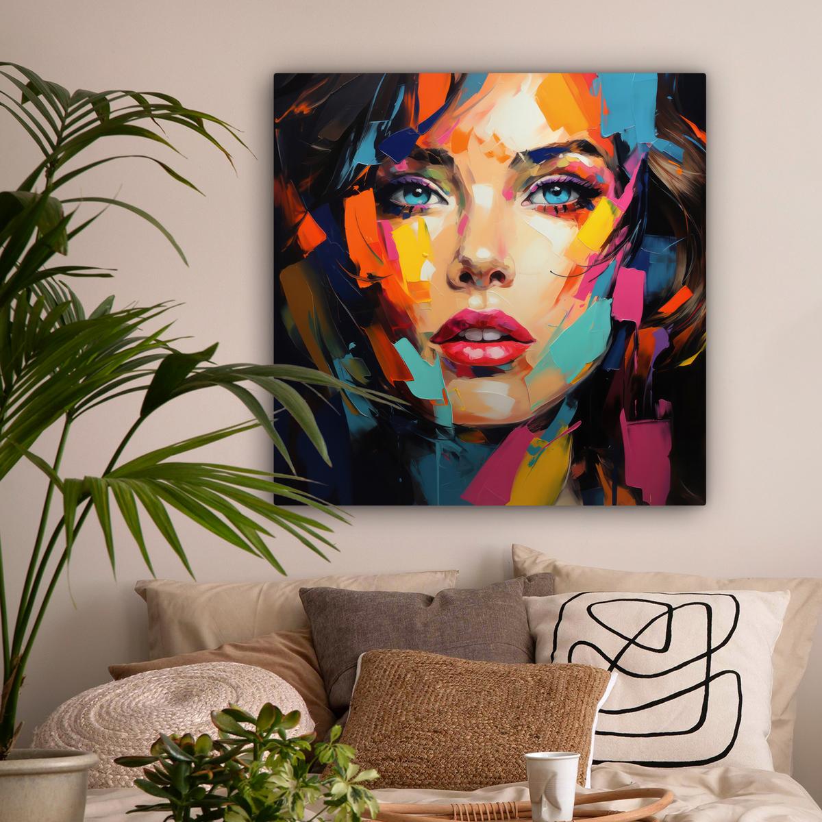 LEINWANDBILD Frau - Porträt - Farbenfroh - Kunst Deko Groß 90x90 cm - Multicolor, Textil (90/90cm) - MuchoWow