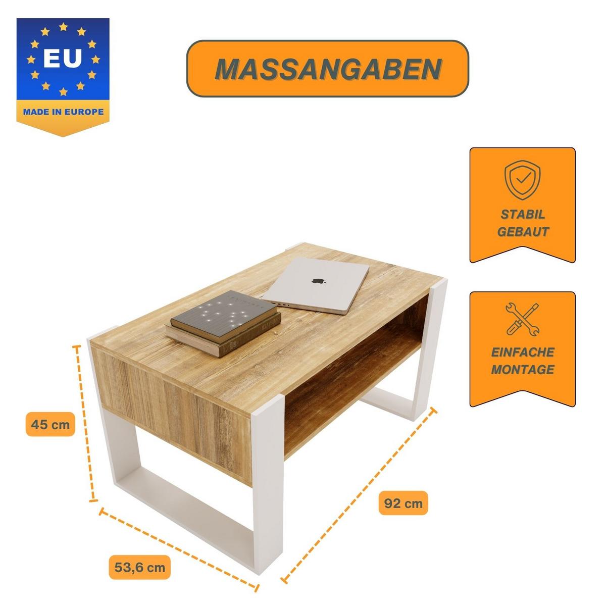 COUCHTISCH Holzwerkstoff rechteckig stabil Kiefer Milford 45/53,6/92cm - Kiefer Milford/Weiß, Holzwerkstoff (53.6/92/45cm) - CraftPAK