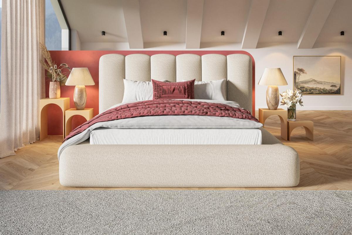 BETT 160x200 - Polsterbett mit Bettkasten und Holzrahmen - Modern Bett - Eleganter Catch Me-Stoff - Kollektion Alva Maxi - Beige - Beige, Holz/Textil (160/200cm) - Alpi-Möbel