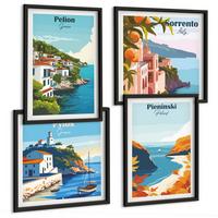 BILDER SET 4er Set - 50x50 cm & 40x60 cm Schwarzer Rahmen - Retro-Landschaften im malerischen Stil - Schwarz, Kunststoff (50/50cm) - TULUP