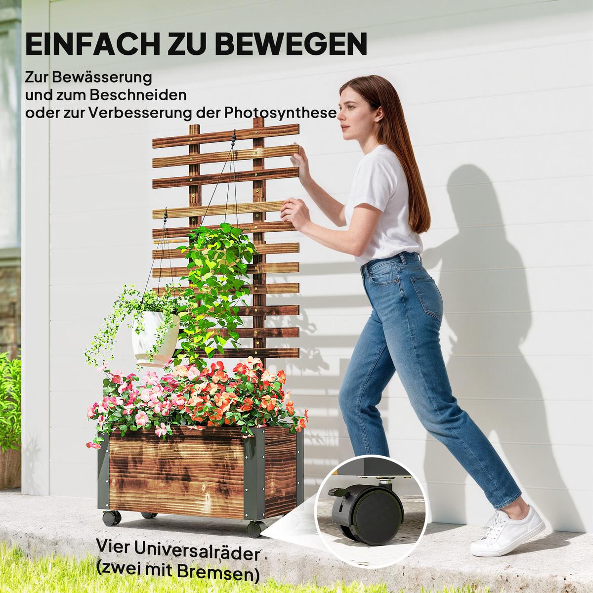 HOCHBEET mit Rankgitter, Blumenkasten mit Rollen, für Kletterpflanzen, Holz, Verkohlt - Dunkelbraun, Holz (31/147/65cm) - Outsunny
