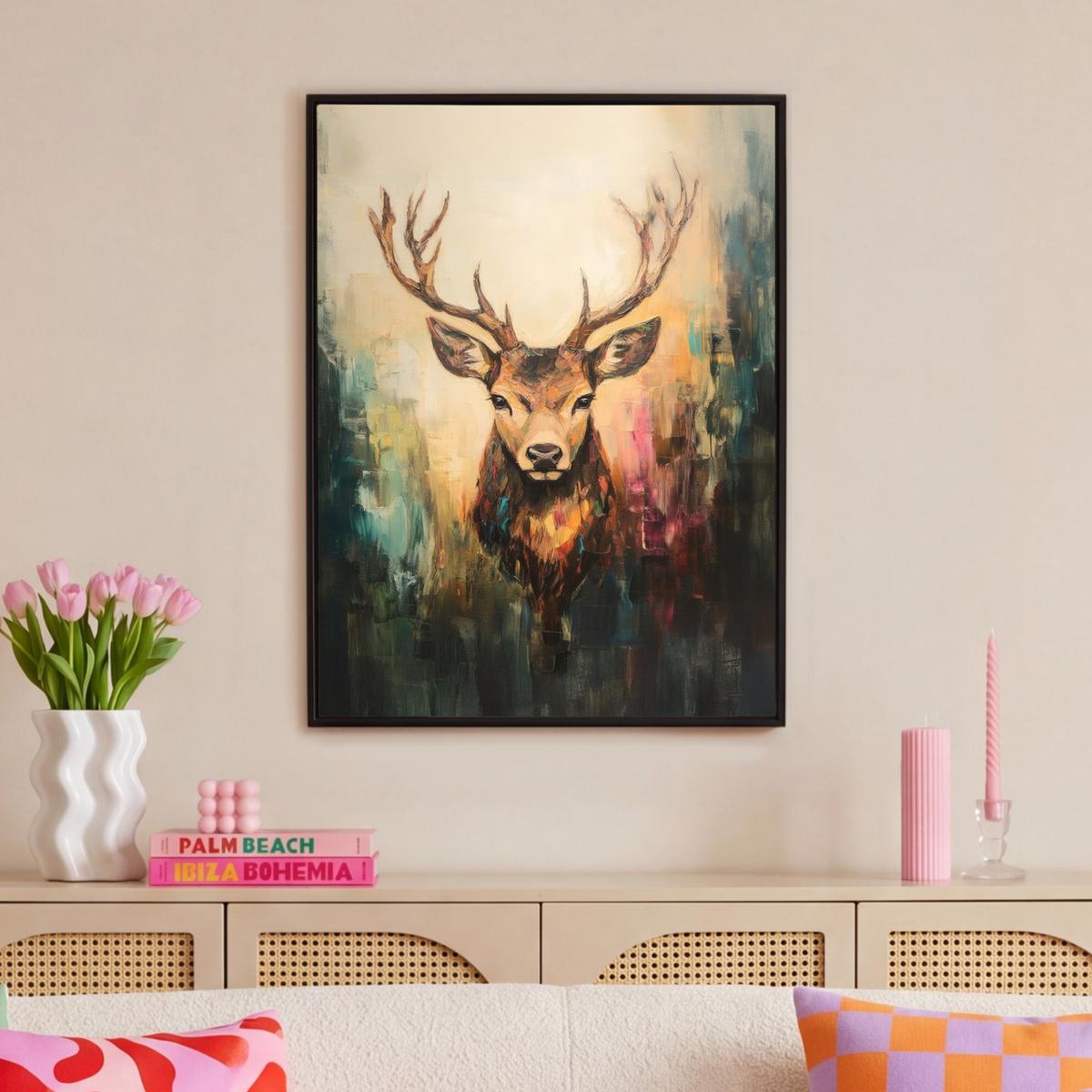 LEINWAND Bilder mit Rahmen - Hirsch - Gemalt - Geweih - Braun - 70x100 - Haselnussfarben, Textil (70/100cm) - MuchoWow
