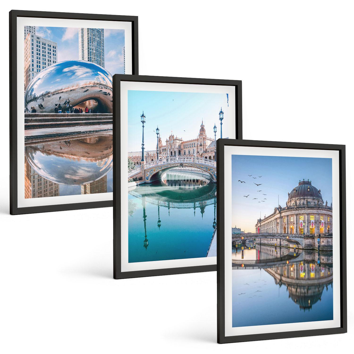 BILDER SET 3er Set - 40x60 cm Schwarzer Rahmen - Architektur von Städten am Wasser - Schwarz, Kunststoff (40/60cm) - TULUP