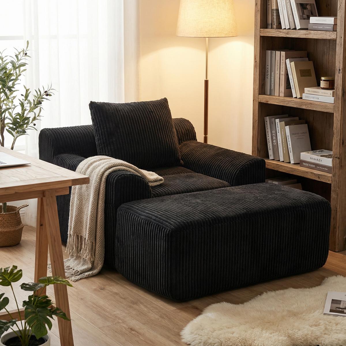 SESSEL mit Hocker in Cord Übergroßer Relaxsessel - Schwarz, Textil (110/67/147cm) - Urban Meuble