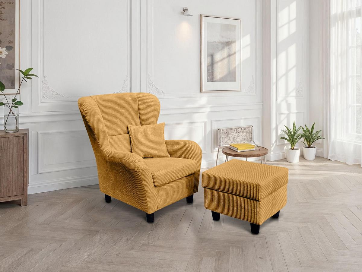 OHRENSESSEL mit HOCKER, hoher Sitzkomfort durch Wellenunterfederung B90/H98/T76 cm, Cord Gold Ockergelb / 18022 - Goldfarben/Schwarz, Holz/Textil (90/98/76cm) - luma-home