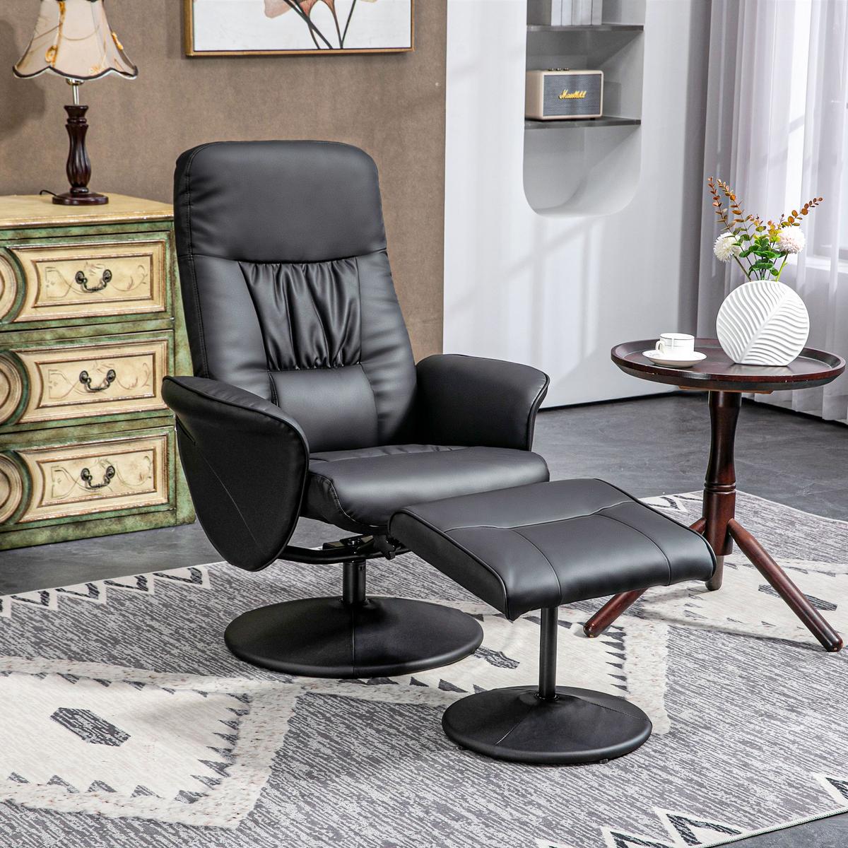 RELAXSESSEL mit Hocker, Fernsehsessel, TV Sessel mit Liegefunktion, Kunstleder - Schwarz, Metall (76/101/81cm) - HOMCOM