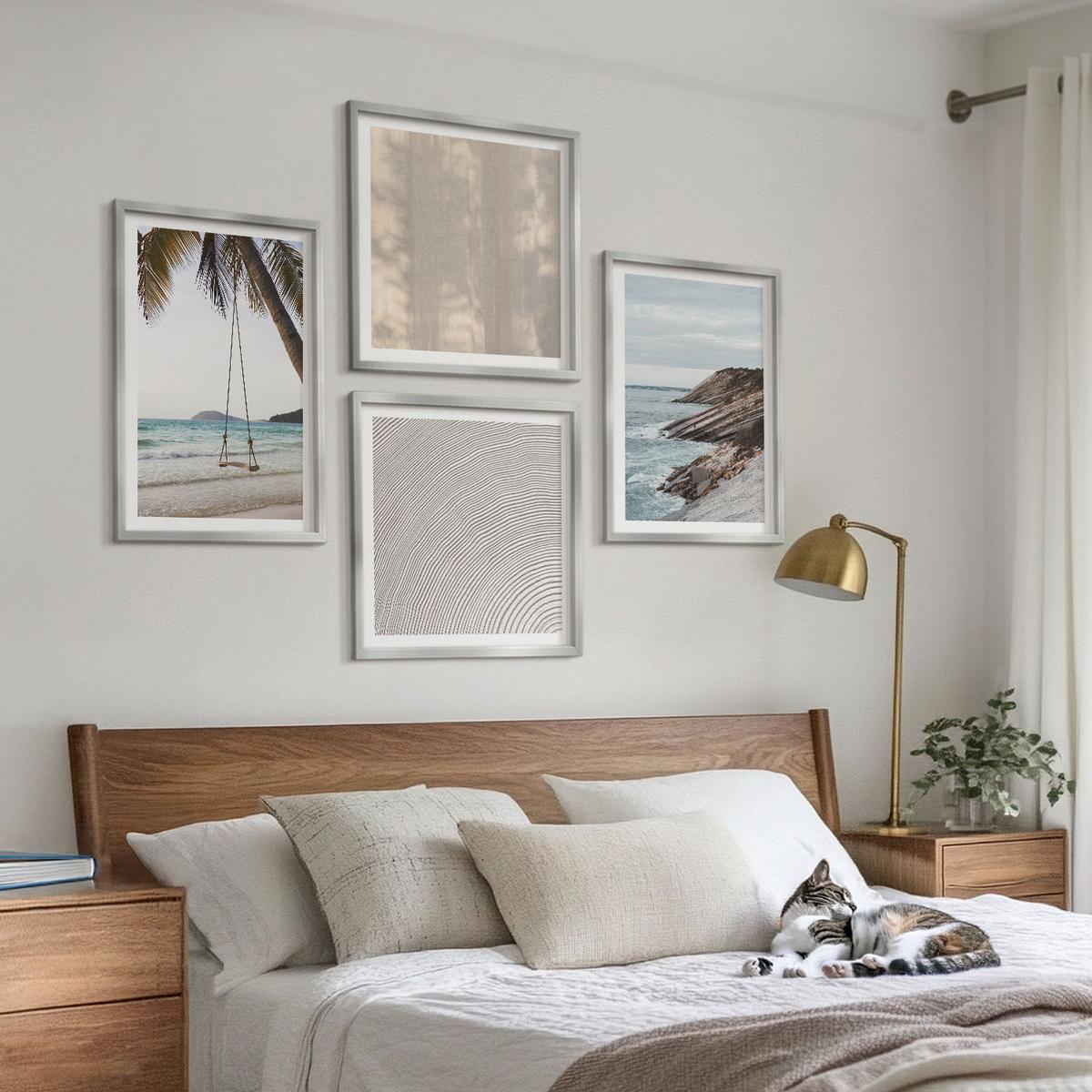 BILDER SET 4er Set - 50x50 cm & 40x60 cm Silberner Rahmen - Sommerlicher Sandstrand mit Meerblick - Silberfarben, Kunststoff (50/50cm) - TULUP