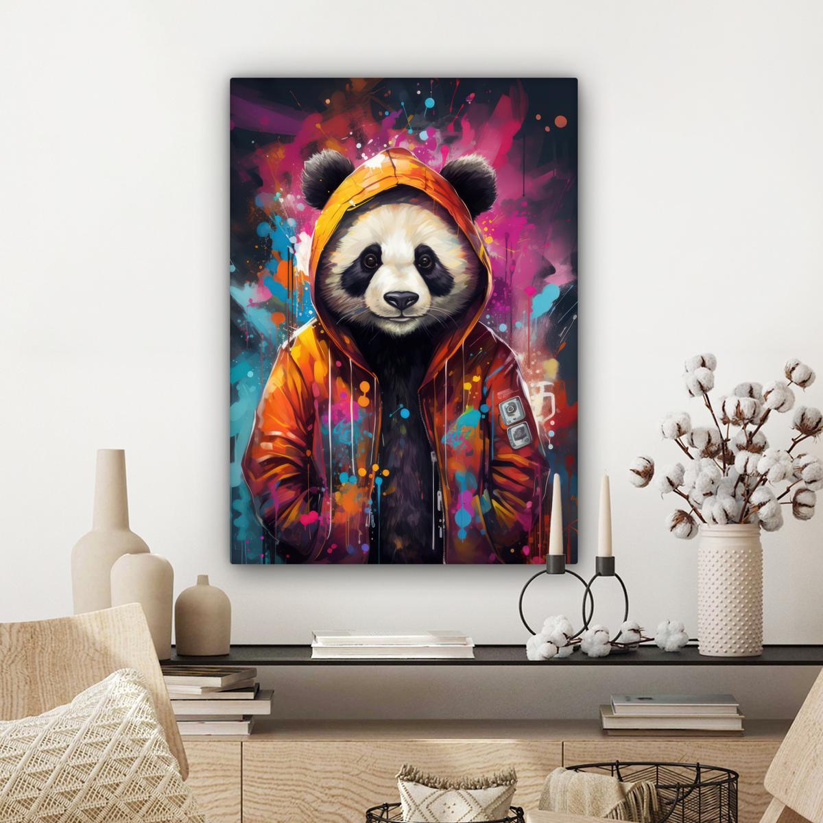LEINWANDBILD Panda - Jacke - Graffiti - Orange Wandbild Wohnzimmer 60x80 cm - Orange, Textil (60/80cm) - MuchoWow