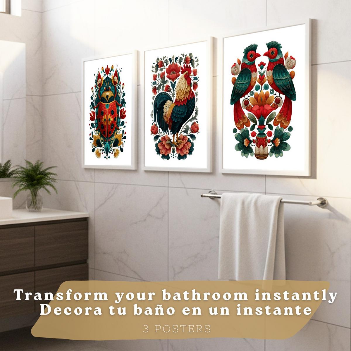 POSTER 3er-Set Kunstdrucke im Folk-Stil, dekorative Tier Blumenmotive, farbenfrohe Kunstposter für Zuhause, Wohnzimmer, Badezimmer Rahmenlos A4 - Klar, Papier (29.7/21/3cm) - Nacnic