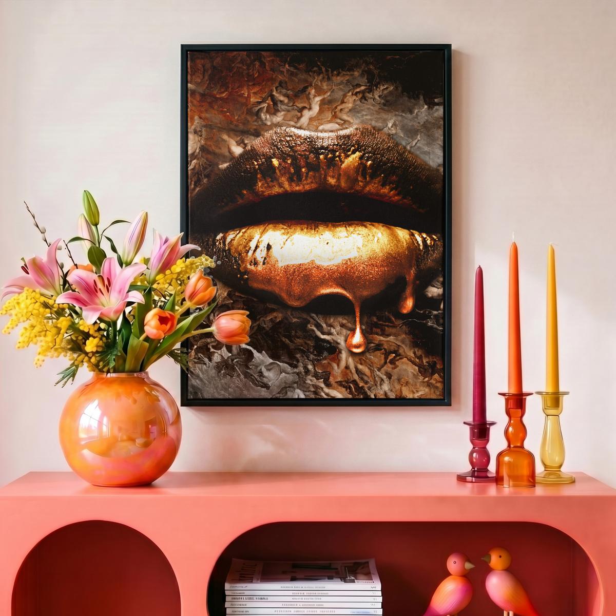 LEINWAND Bilder mit Rahmen - Gold - Lippen - Kunst - Gold - Luxus - Abstrakt - 30x40 - Kupferfarben, Textil (30/40cm) - MuchoWow