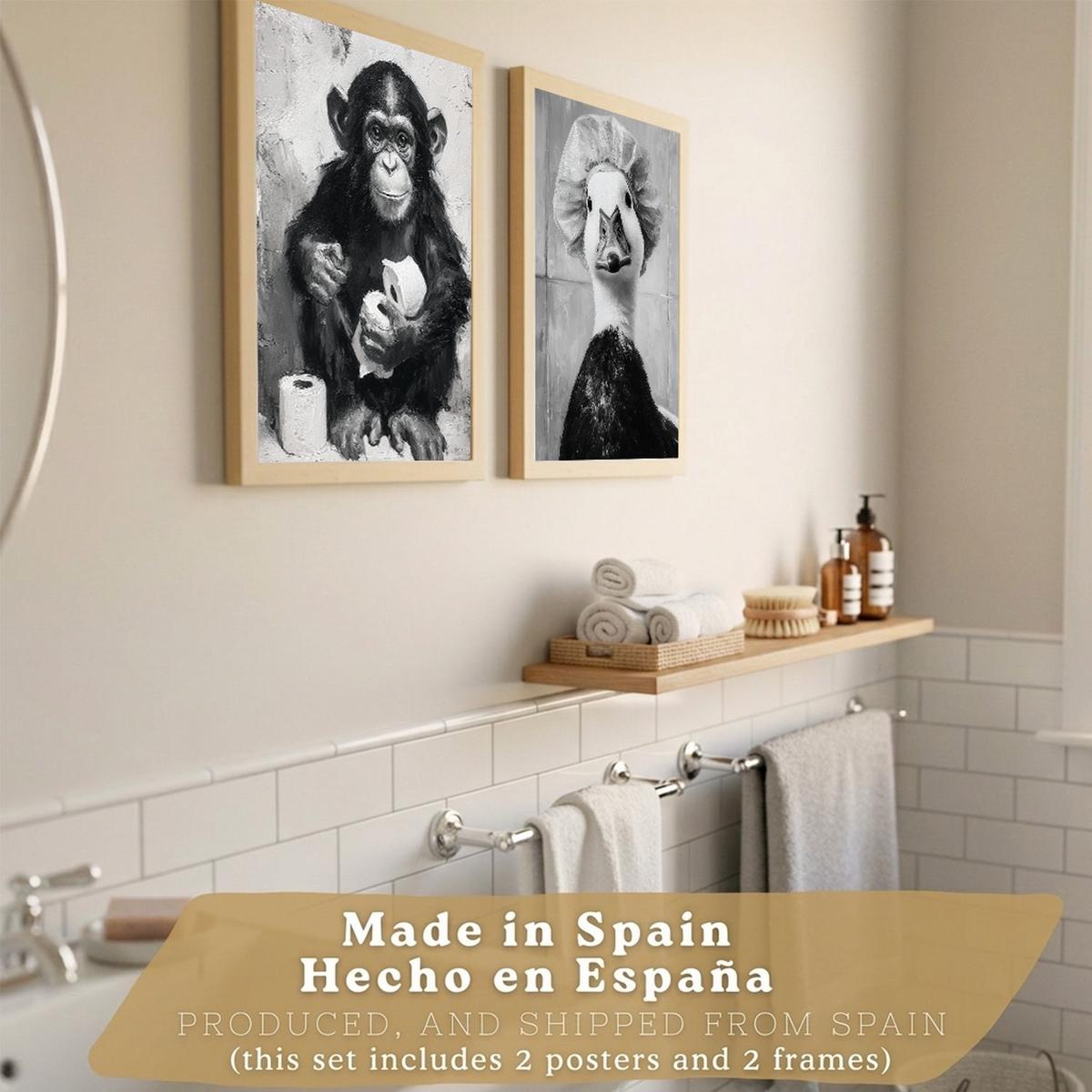 POSTER 2er-Set lustige Tiermotive in Schwarz-Weiß fürs Badezimmer, witzige für Toilette, Bad, minimalistischer Stil Leichter Holzrahmen A3 - Beige, Papier (42/29.7/3cm) - Nacnic