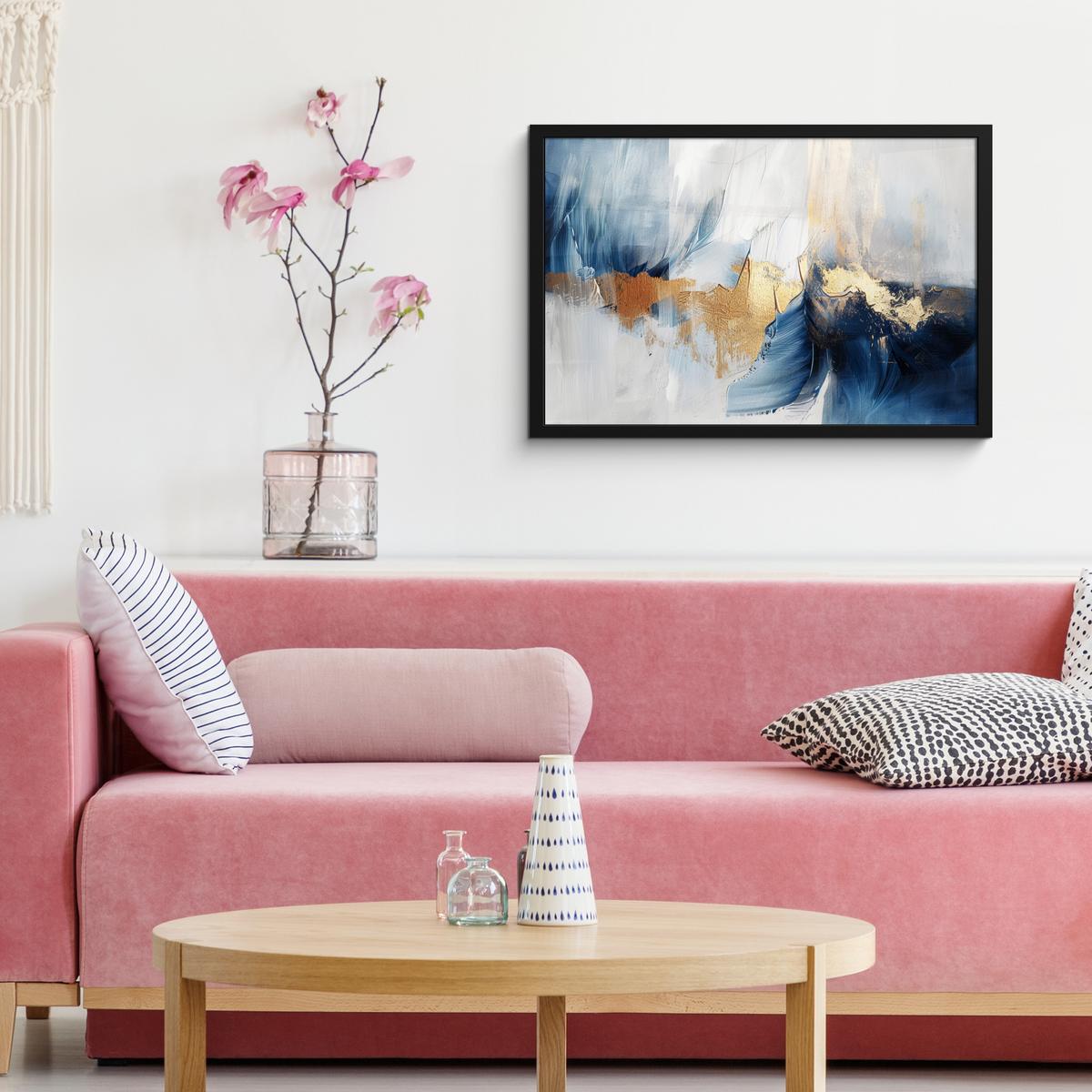 POSTER MIT RAHMENGERAHMTES BILD Gold - Blau - Aquarell - Kunst - Modern 60x40 cm - Hellblau, Papier (60/40cm) - MuchoWow