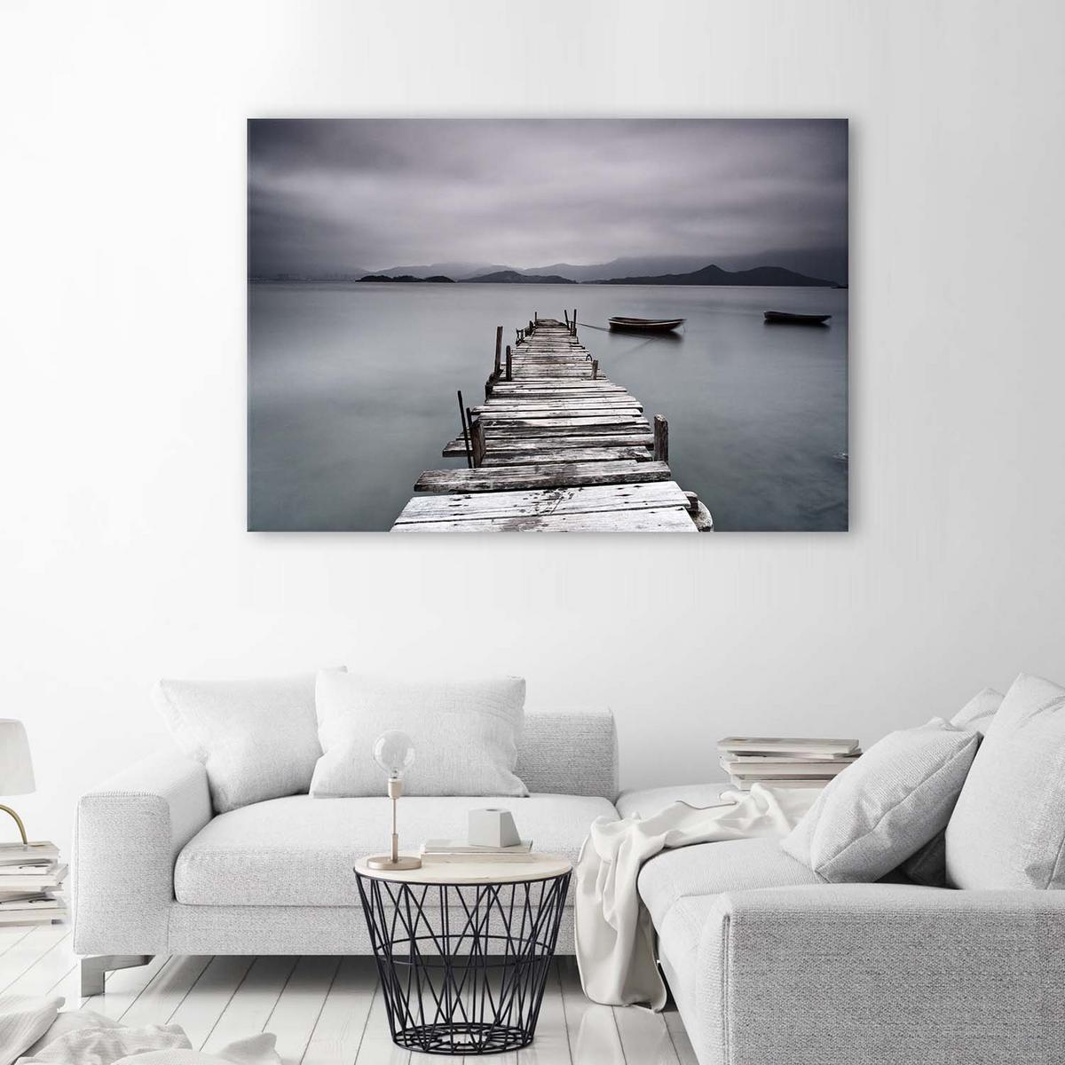 LEINWANDBILD Steg Wintersee Landschaft 90x60cm - Grau, Textil (90/60cm) - Feeby
