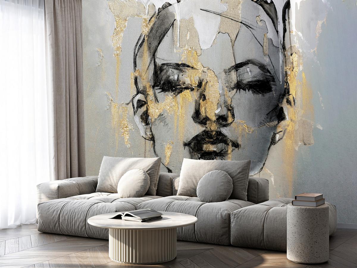 FOTOTAPETE für Wohnzimmer Frau Abstraktes Porträt Beton Modern Gold 500x350 - Gelb/Goldfarben, Papier (500/350cm) - Muralo