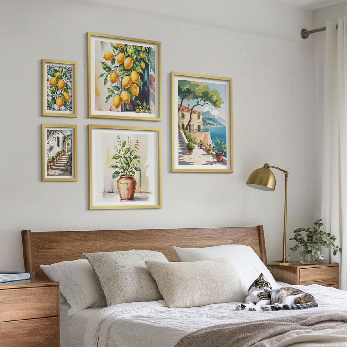 BILDER SET 5er Set - 50x50 cm & 20x30 cm & 40x60 cm Goldrahmen - Zitrusbaum im Fenster am Meer - Goldfarben, Kunststoff (40/60cm) - TULUP