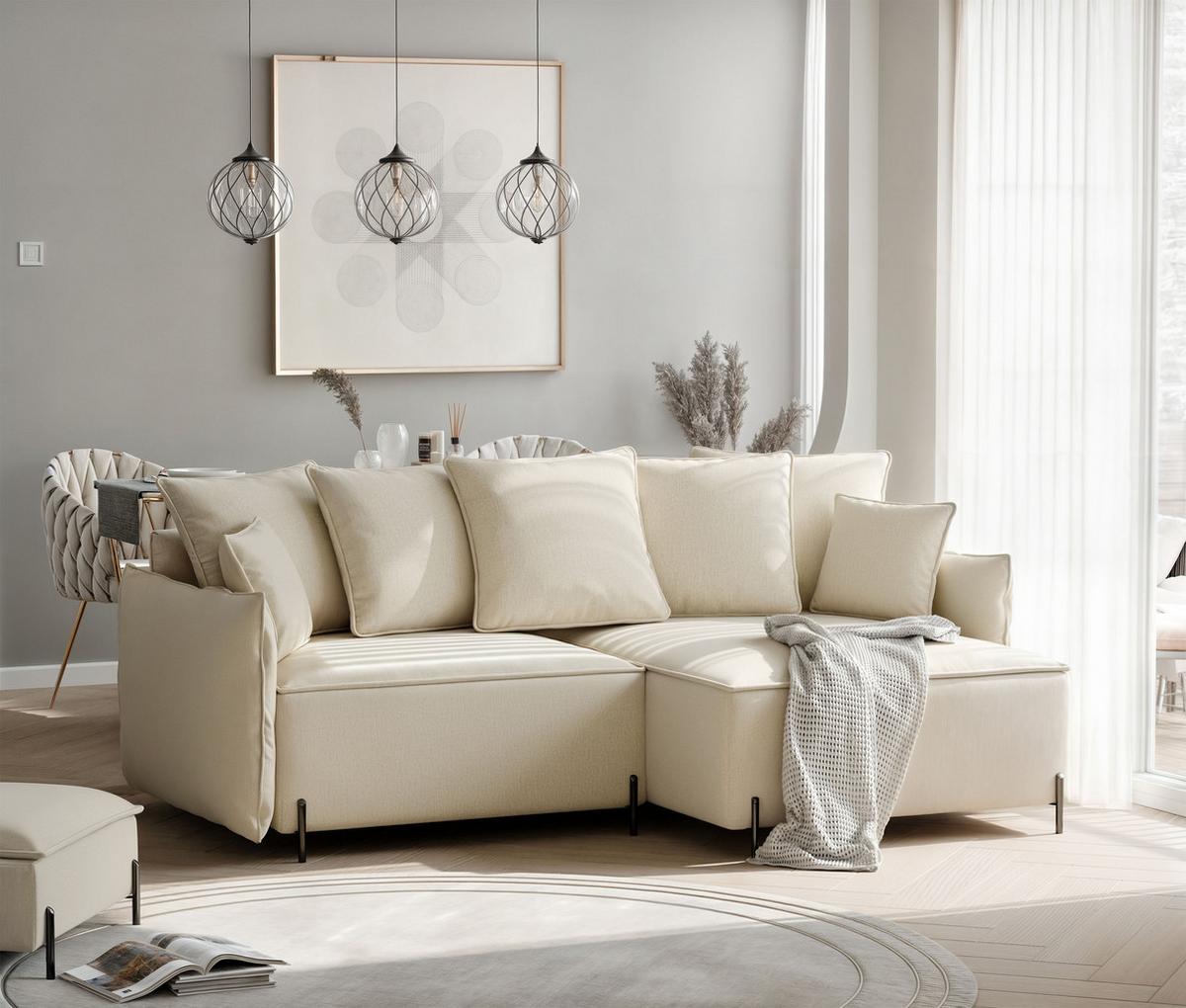 ECKSOFA MARCO Rechts, mit Schlaffunktion und Bettkasten, Creme - Creme, Textil/Metall (221/148cm) - Idohome