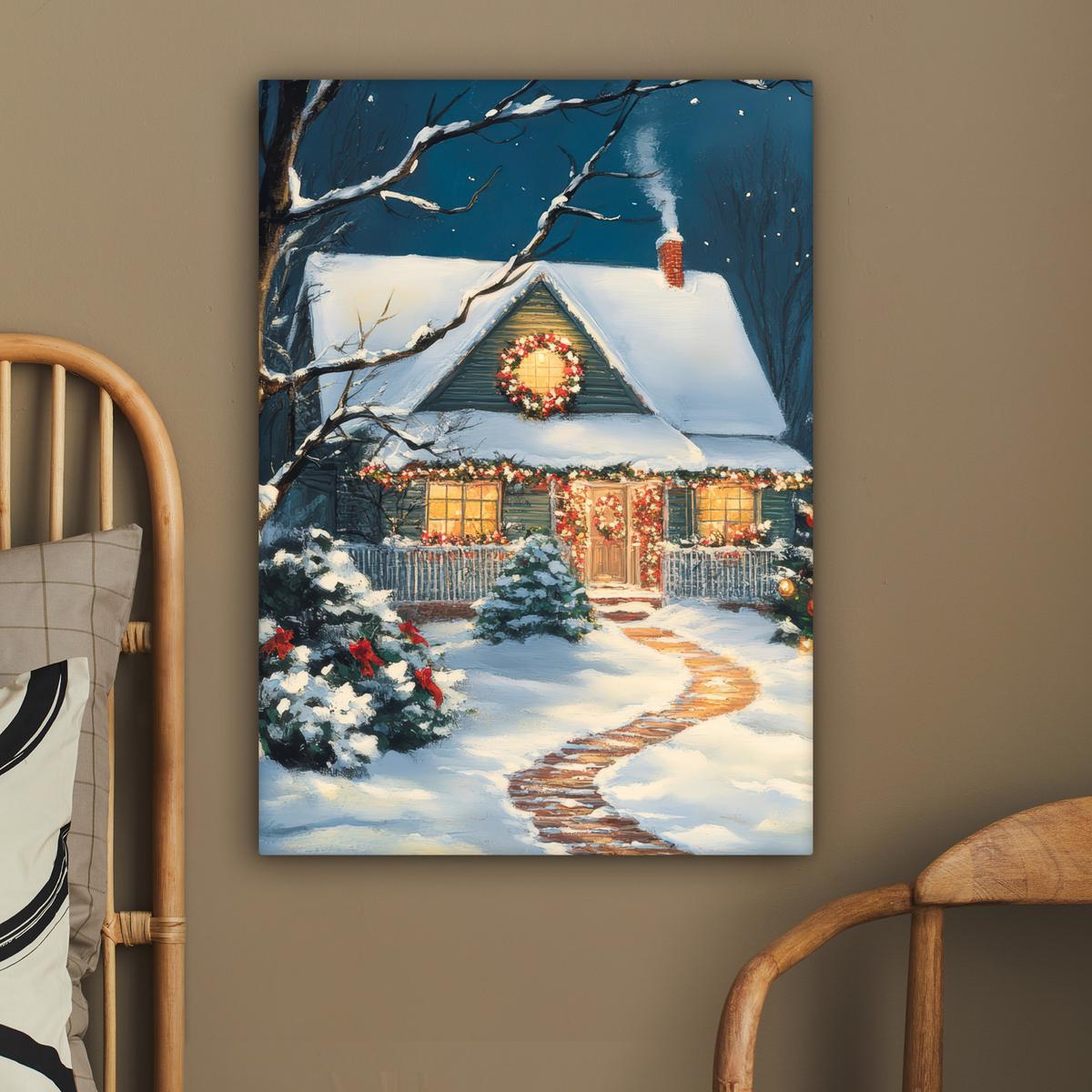 LEINWANDBILD Weihnachten - Weihnachtsbaum - Winter - Zuhause - Schnee Wandbild Wohnzimmer 60x80 cm - Smaragdgrün, Textil (60/80cm) - MuchoWow