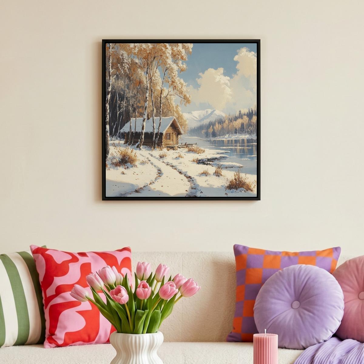 LEINWAND Bilder mit Rahmen - Winter - Schnee - Zuhause - Natur - 50x50 - Hellbraun, Textil (50/50cm) - MuchoWow