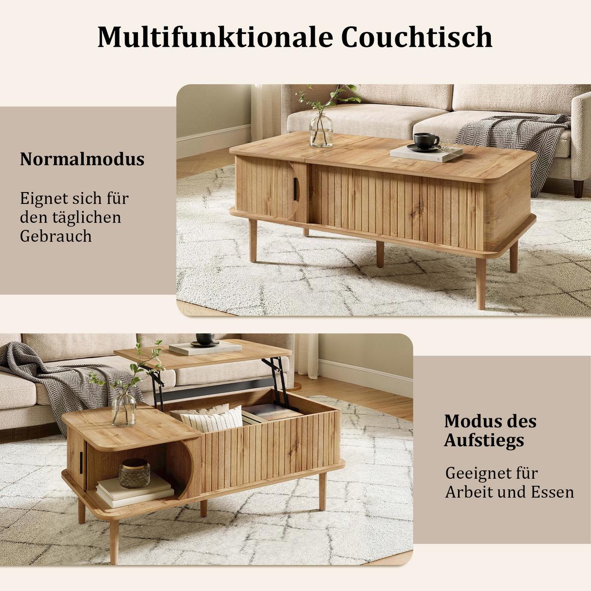 COUCHTISCH Holzoptik Höhenverstellbar mit Rillenoptik & Schiebetür - Naturfarben, Holzwerkstoff (48/100/55.5cm) - Urban Meuble