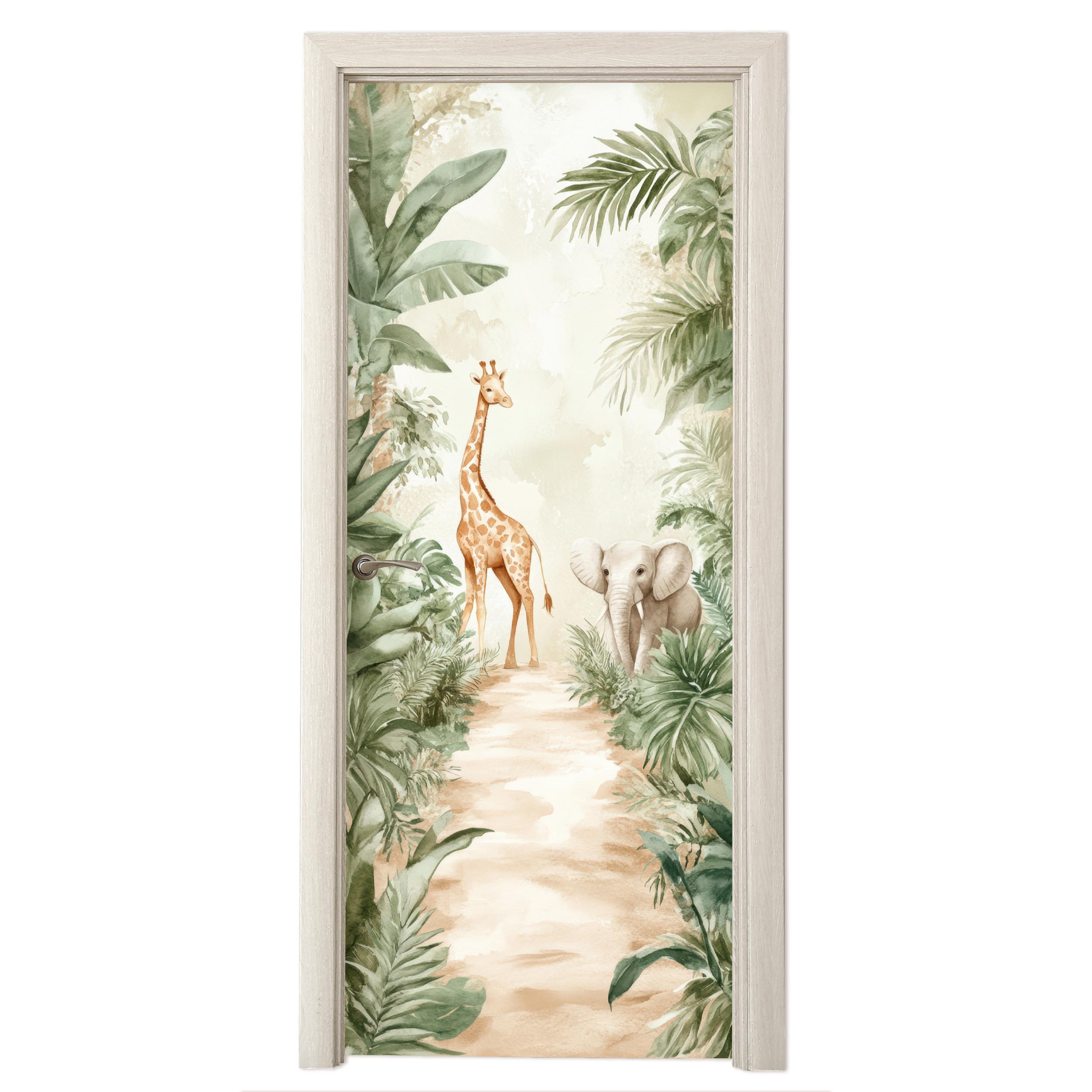 TÜRAUFKLEBER Dschungel - Giraffe - Elefant - Grün - Natur 80x215 cm - Türtapete - Eukalyptusholzfarben, Kunststoff (80/0.1cm) - MuchoWow