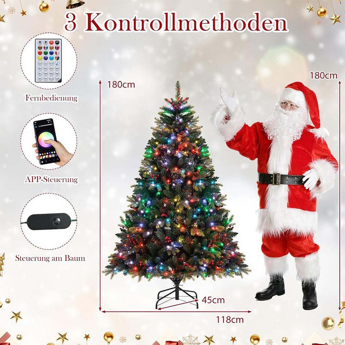 WEIHNACHTSBAUM mit 370 APP-gesteuerten RGB-Lichtern 180cm Grün - Grün, Metall (180cm) - COSTWAY