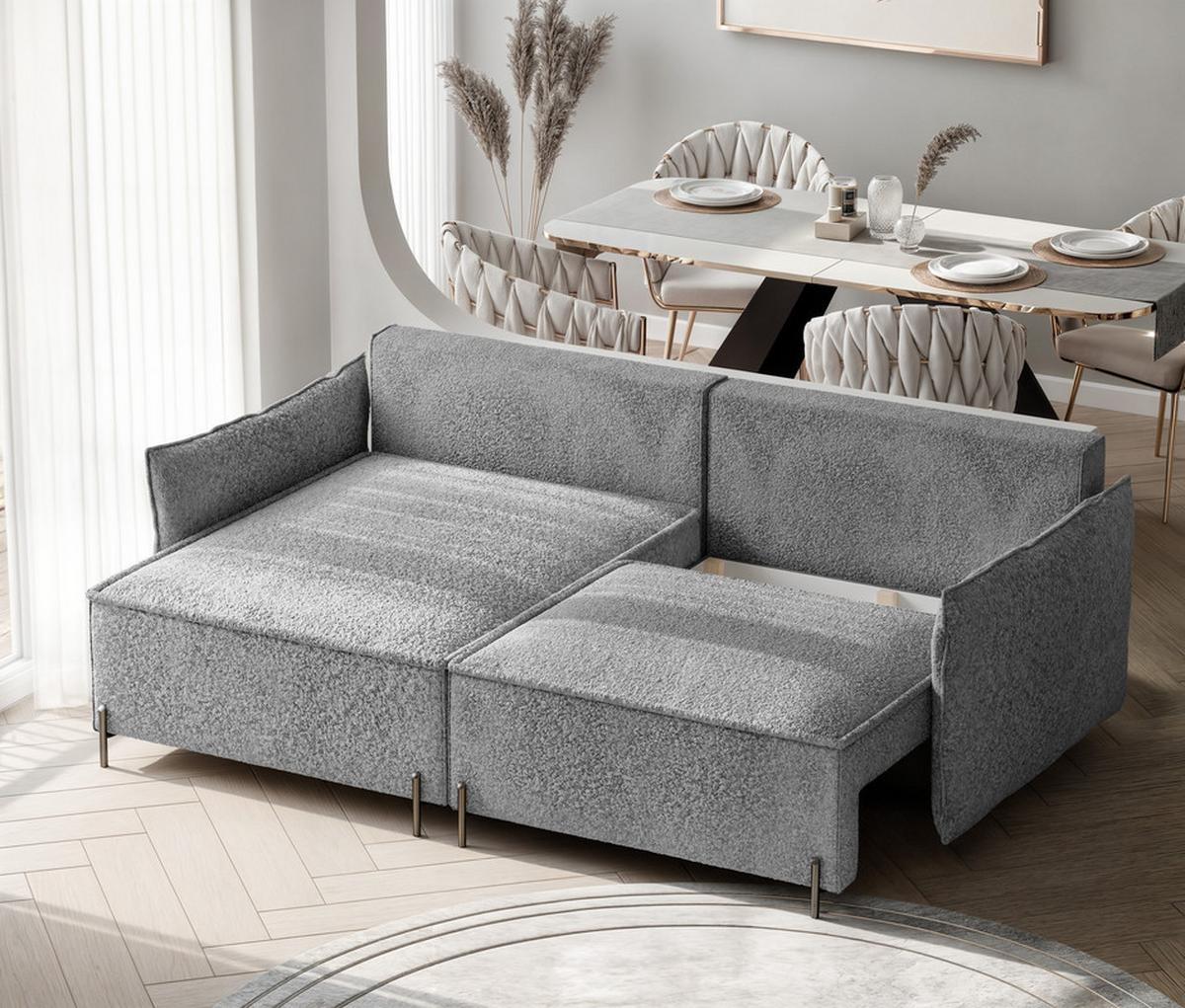 ECKSOFA MARCO Links, mit Schlaffunktion und Bettkasten, Hellgrau - Hellgrau, Textil/Metall (221/148cm) - Idohome