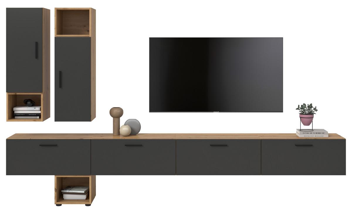 WOHNWAND grau, Eiche Artisan 300 cm, Wohnkombination hängend / stehend - Schwarz/Eiche Artisan, Holzwerkstoff/Kunststoff (300/178/34cm) - Inn.Furn