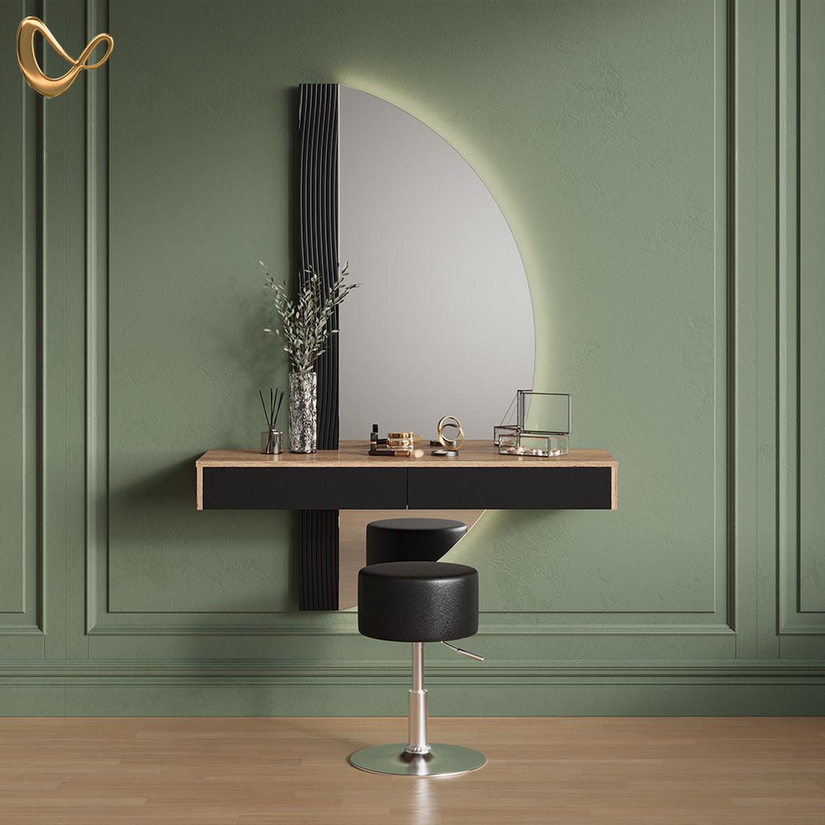 SCHMINKTISCH Ascona Schwarz mit Beleuchtung und Hocker - Schwarz, Holzwerkstoff (120/161.1/40cm) - Livinity®