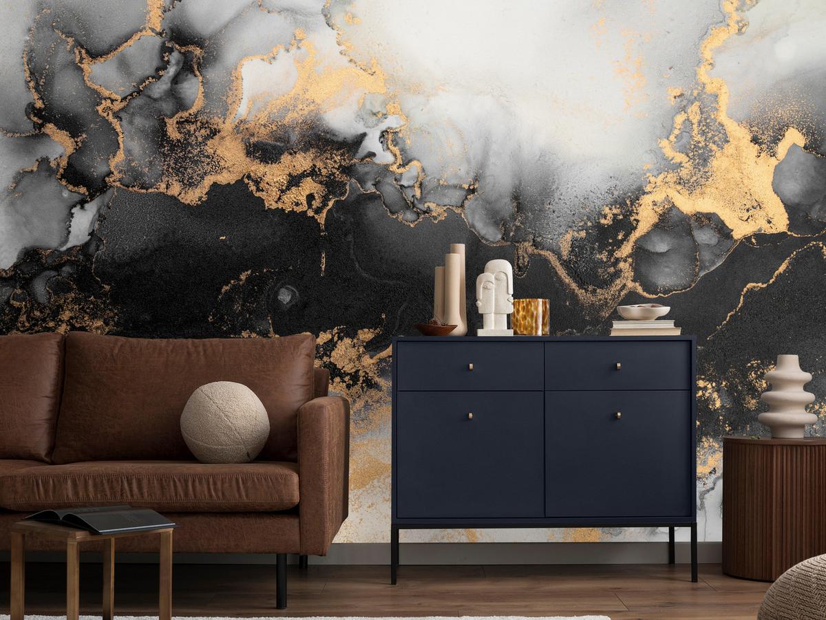 FOTOTAPETE für Wohnzimmer Marmor Klassisch Gold Akzente 150x105 - Gelb/Beige, Papier (150/105cm) - Muralo