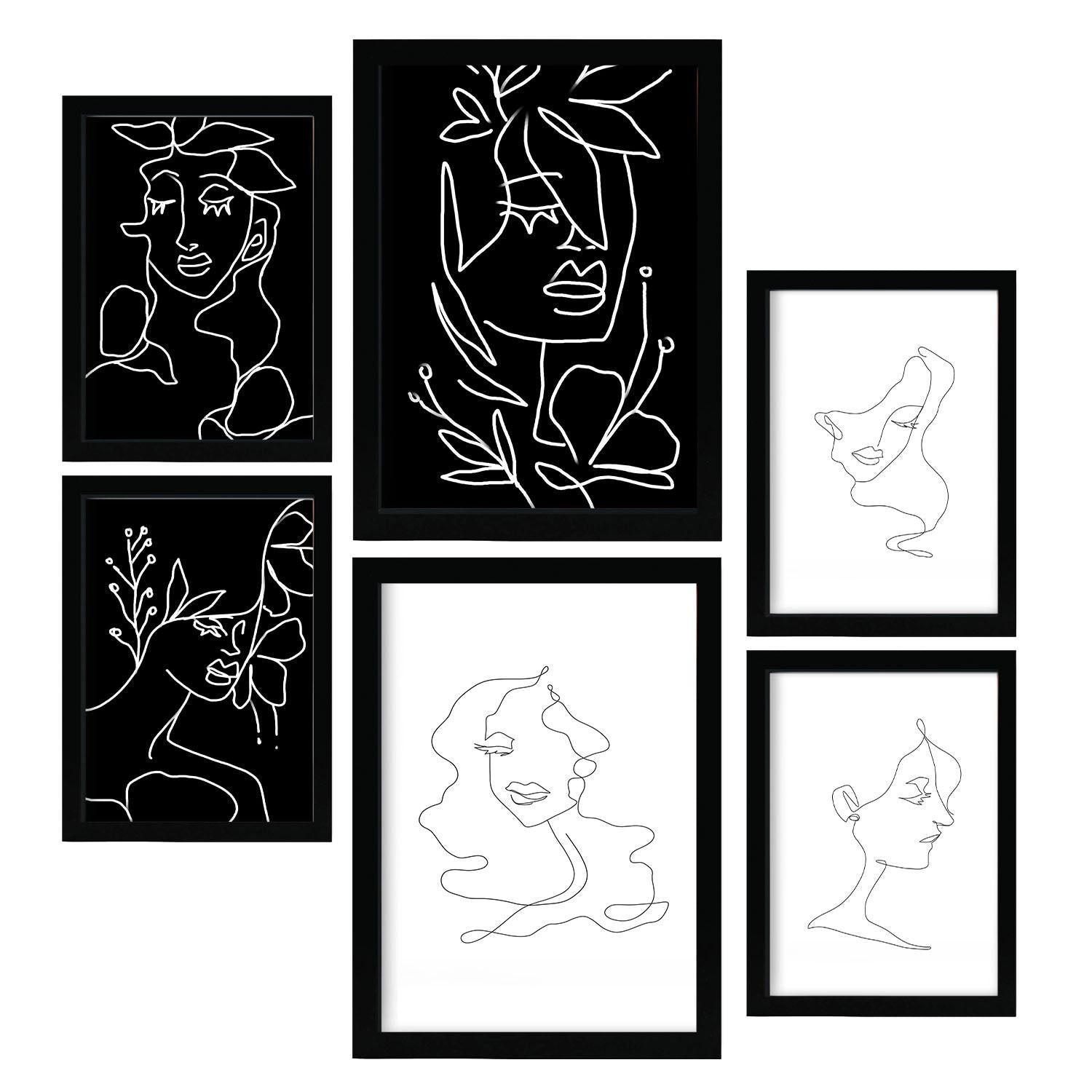 POSTER Set Mit 6 Serene Beauty 2 In Weibliche Zusammenfassung A3 & A4 Schwarzer Rahmen - Schwarz, Papier (29/3cm) - Nacnic