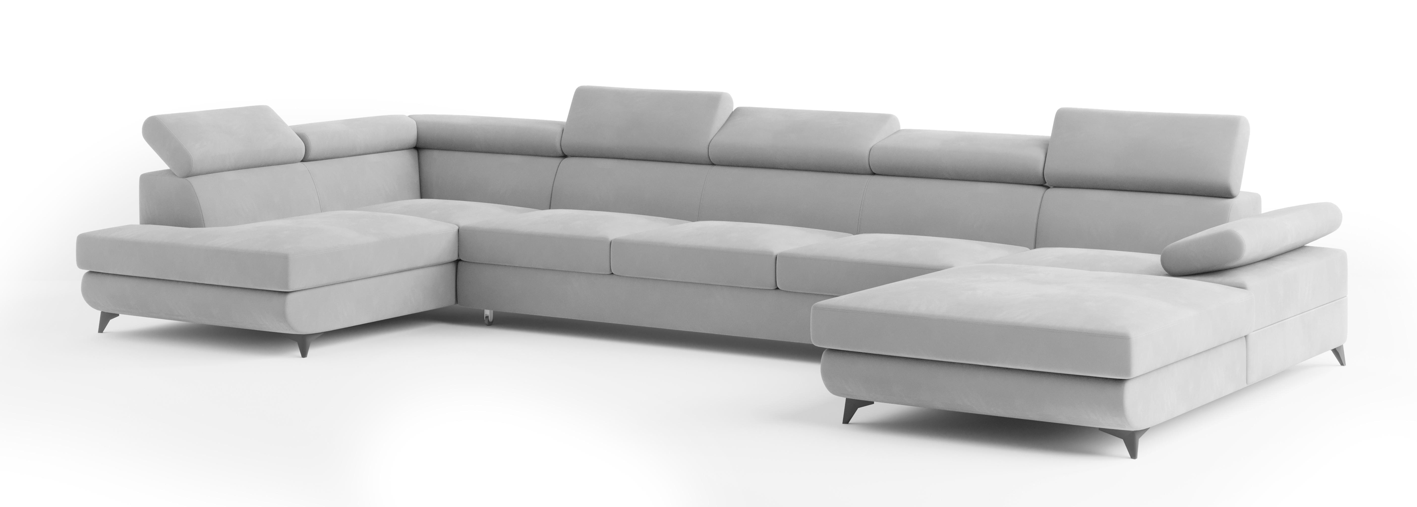 WOHNLANDSCHAFT MONTIVA Hellgrau Velours-Stoff mit Schlaffunktion - Hellgrau, Holz (410/89/190cm) - MASSENO