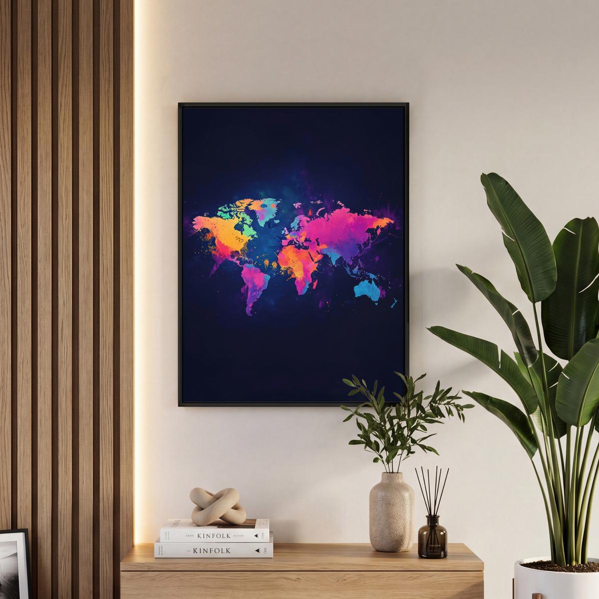 LEINWAND Bilder mit Rahmen - Weltkarte - Bunt - Graffiti - 60x80 - Multicolor, Textil (60/80cm) - MuchoWow